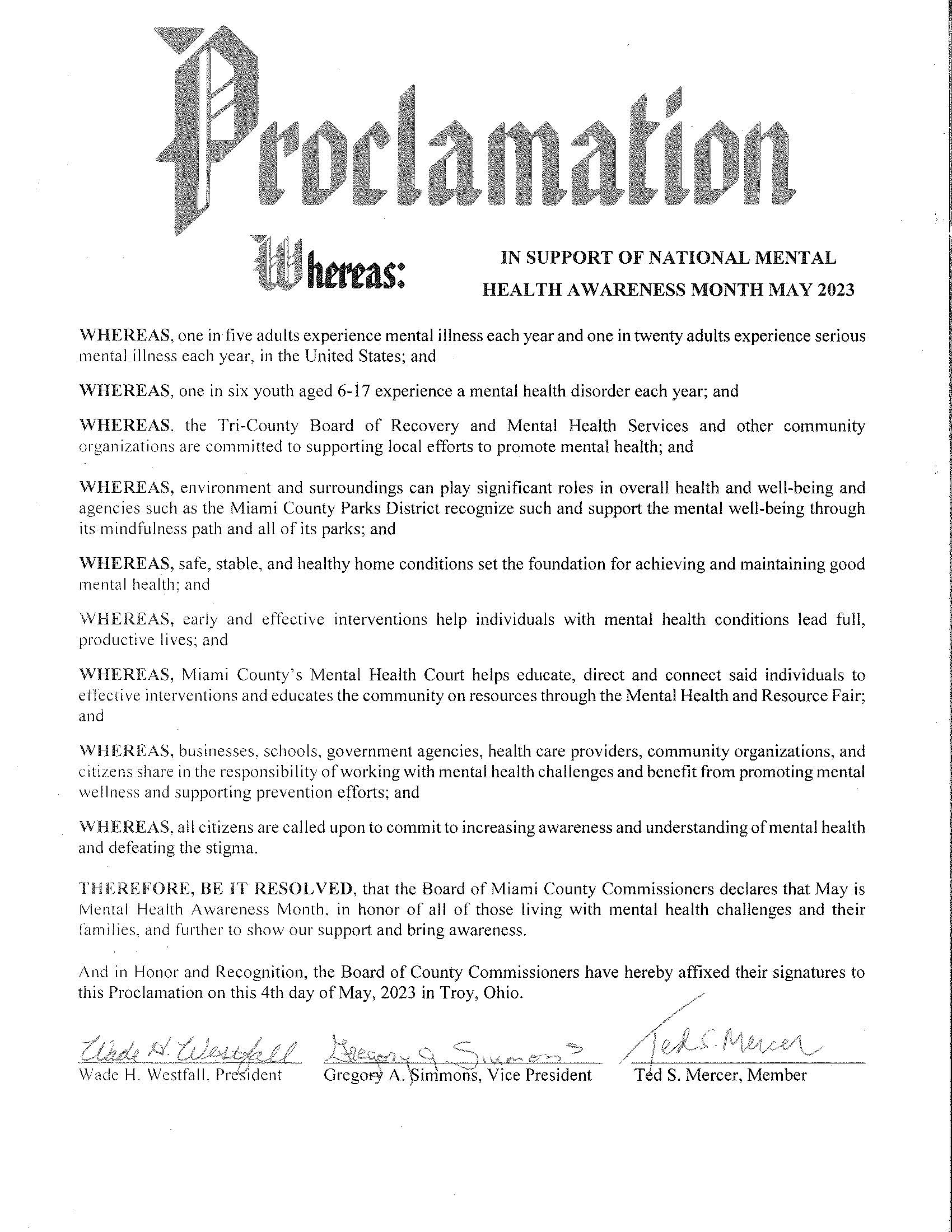 PROCLAMATION FOR MENTAL HEALTH COURT